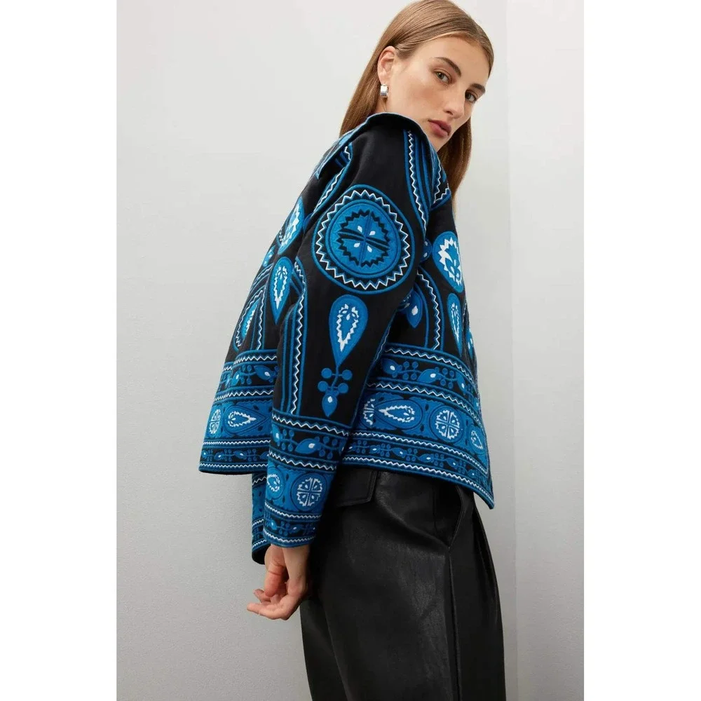 Sea New York Gael Quilted Jacket Black Blue Embroidered Paisley Boho Sz L